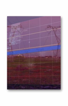 Displaying progress bar deleting files over rural field at dusk, with grid overlay, power towers