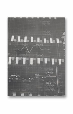 Displaying digital analytics dashboard on grid backdrop, with vertical bar charts and line graphs