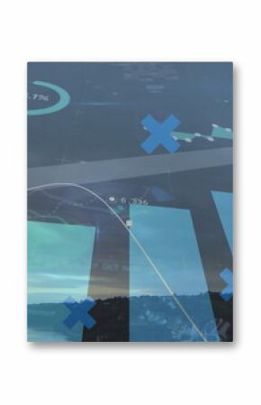 Displaying data visualization overlay rising over waterfront, with bar charts and percentages