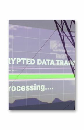 Displaying encrypted data transfer screen over dusk hills with progress bar, grid overlay and tower