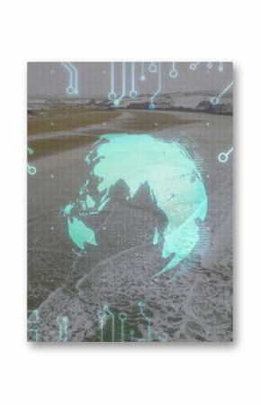 Displaying holographic globe hovering over rocky coast, with rising bar chart, neon circuit overlay