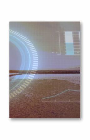 Displaying circular HUD overlaying salt flat at dusk, with digital grid, bar chart and line graph