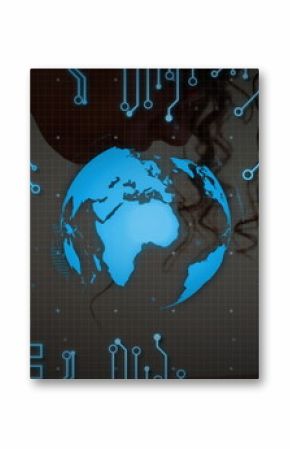 Pulsing central globe radiating neon-blue circuits on dark grid, with bar chart and world map