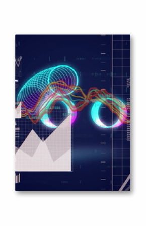 Neon 3D torus rings crossing waveform lines in data dashboard, with area bar charts, code snippets
