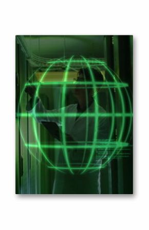 Korean IT technician inspecting holographic globe in data center corridor with tablet, server racks