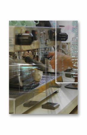 Operating commercial espresso machine group head at coffee bar counter, with floating AR code