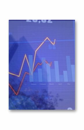 Showing analytics on boardroom glass, with line graphs, blue bar chart, pie chart, numeric overlays