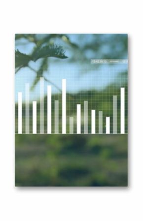 Overlaying semi-transparent bar chart on plant branch in farmland with line graph and timestamp