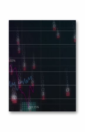 Displaying chart showing colored line graphs, bar charts, percent and binary digits on dashboard