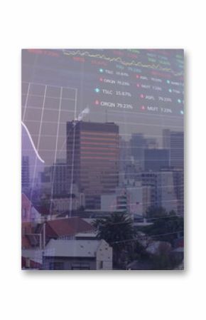 Displaying central office towers over urban skyline with graph, bar chart and stock tickers overlay