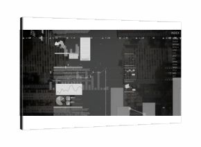 Overlay presenting graphs in city skyline, with bar, line and pie charts, indicators and index list