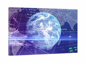 Rotating 3D Earth globe streaming binary code and line bar charts in dashboard with map outlines