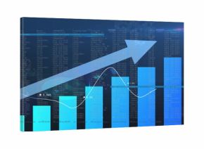 Showing blue ascending bar chart on analytics dashboard, with arrowed line graph and code matrix