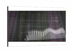 Displaying 3D bar chart rising on wireframe grid in virtual dashboard, with green red data columns