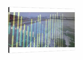 Overlaying neon yellow and teal bar charts, line graphs and grid over winter coastal landscape