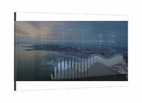 Displaying transparent financial chart overlaying sunset view, showing bar columns and line graph