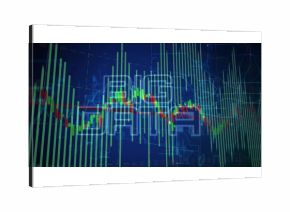 Showing financial chart on screen, with green bars, red pale graphs, navy grid, Chinese overlays