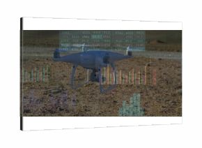 Hovering quadcopter drone sending data over dry desert field, with numerical tables and bar graphs