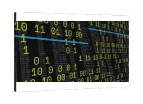 Displaying neon-green binary digits floating over console error log screen, with blue highlight bar