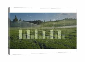 Spraying irrigation sprinkler pipes watering crop field on farm, with bar charts and numeric labels