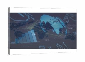 Presenting holographic globe on dark grid, with bar chart, data points, cells and warning icons