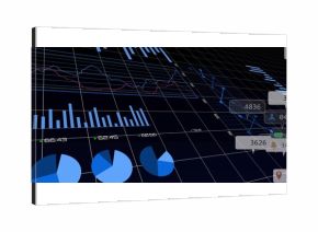 Displaying dashboard on 3D grid lines, with bar and pie charts, annotating line graphs, UI icons