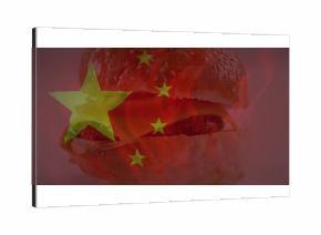 Showcasing hamburger featuring meat patty in poster with flames and Chinese flag overlay