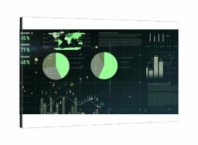 Displaying data dashboard on dark screen, with world map, pie charts, metrics and bar chart overlay