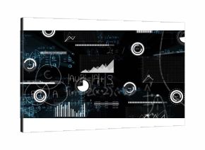 Floating dashboard displaying line graphs bar charts pie chart progress indicators and equations