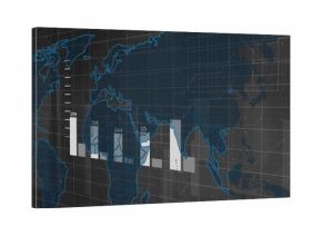 Displaying world map visualization on dashboard, featuring white and gray bar charts on dark grid
