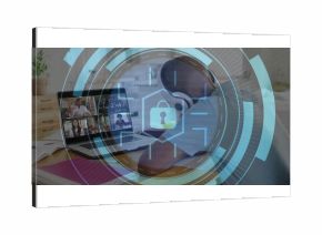 Sitting teddy bear wearing headphones at home desk viewing remote call on laptop under lock overlay