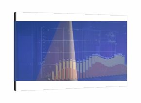 Visualizing 3D bar chart on blue screen, with overlaid line plot, curved surface, numeric labels