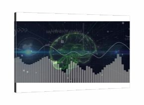Displaying wireframe 3D brain model hovering in dashboard, with white waveform graph and bar chart