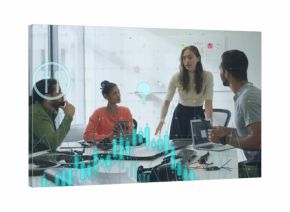 Analyzing data overlays, four professionals collaborating in boardroom with laptops, circuit boards