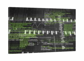 Displaying data dashboard on computer screen, with code, bar chart and line graph and grid overlay