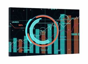 Futuristic dashboard displaying bar charts, line graphs and gauge on dark grid with numeric labels