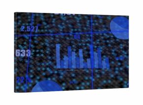 Showing vertical bar chart plotting monthly data on 3D screen with blue grid and circular charts