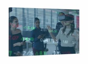 Gesturing VR user demonstrating stock charts in office with smartphone and tablet, copy space