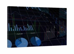 Dashboard spanning width in dark virtual space, with 3D wireframe grid, bar, line, pie charts