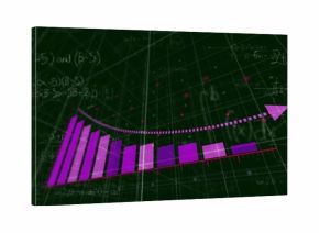 Displaying stylized purple bar chart rising in analytic space, with dotted arrow and equations