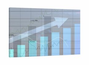 Displaying bar chart rising across office glass, showing growth arrow, line graphs and percentages
