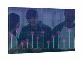 Reviewing professionals wearing business attire viewing bar chart overlay in office with smartphone