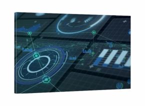 Displaying interface featuring rotating concentric chart over grid, bar charts and node line graphs