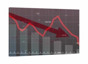 Displaying financial data visualization on dashboard, with bar charts, red arrow and line graph