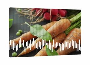 Displaying green-topped carrots resting on dark surface, with radishes, peas, white audio waveform