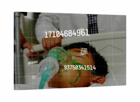 Lying Chinese child wearing gown, oxygen mask with green tubing on hospital bed, with grid overlay