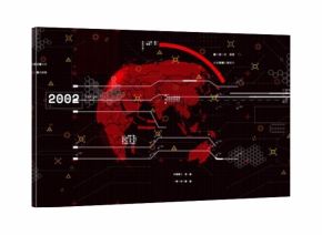 Rendering stylized red eastern-hemisphere map on dark grid display, with network lines, data labels