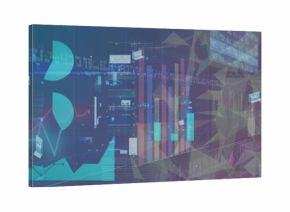 Displaying dashboard showing bar and pie charts, line graphs, data panels, mesh over gradient