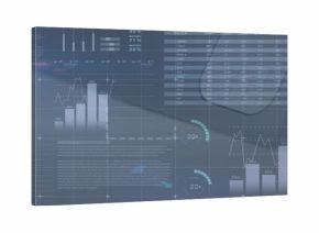 Displaying dashboard with finance table, bar and line charts, gauges and labels on blue-gray screen