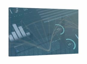 Displaying dashboard showing bar and line charts on teal grid, network diagram and radial gauges